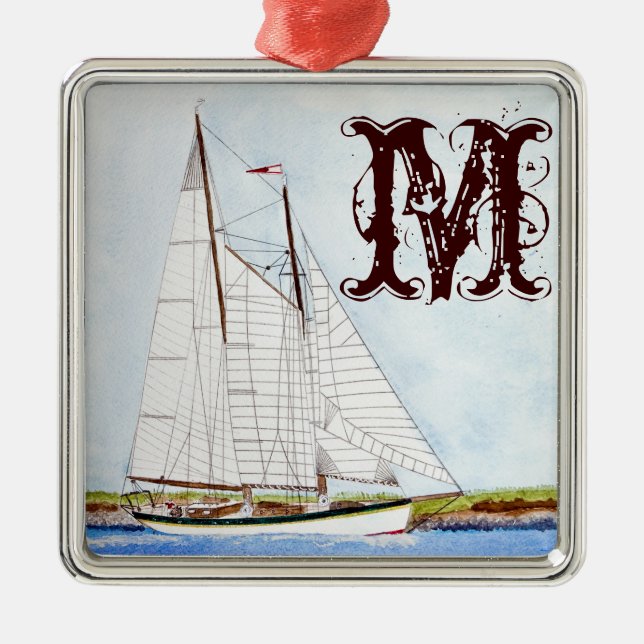 Nautical Sail Boat Sea Monogram Initial Ornament (Front)