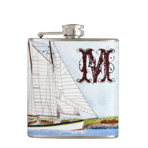 Nautical Sail Boat Sea Ocea Monogram Whiskey Flask