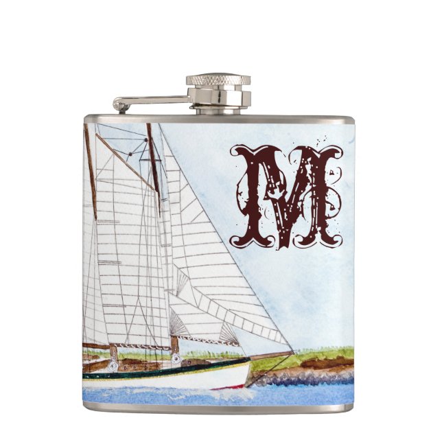 Nautical Sail Boat Sea Ocea Monogram Whiskey Flask (Front)
