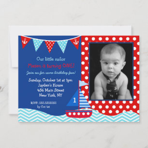 Nautical Sailboat 1er Anniversaire Fête Invitation