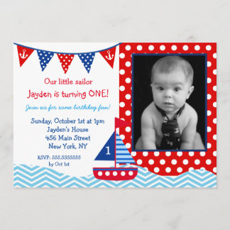 Nautical Sailboat 1st Birthday party Invitation