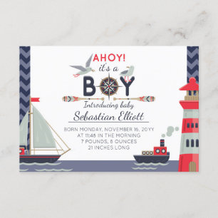 Nautical Sailboat Ahoy Baby Boy Birth Announcement