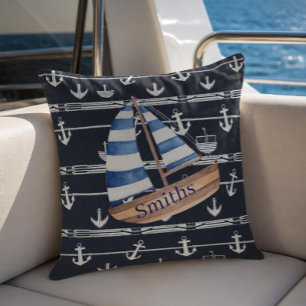 Nautical Sailboat & Anchor Navy Blue Outdoor Pillow