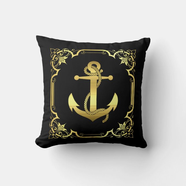 Nautical sailboat anchor silhouette/gold/black throw pillow (Front)