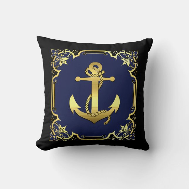 Nautical sailboat anchor silhouette/gold/navy/blk throw pillow (Front)
