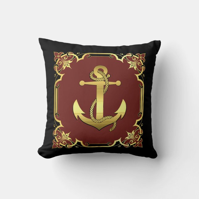 Nautical sailboat anchor silhouette/gold/red/black throw pillow (Front)