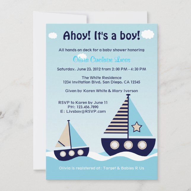 Nautical Sailboat Baby Boy Baby Shower Invitation (Front)