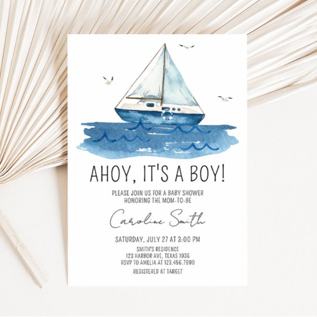 Nautical Sailboat Baby Shower  Invitation (Ahoy It’s A Boy Baby Shower Invitation)
