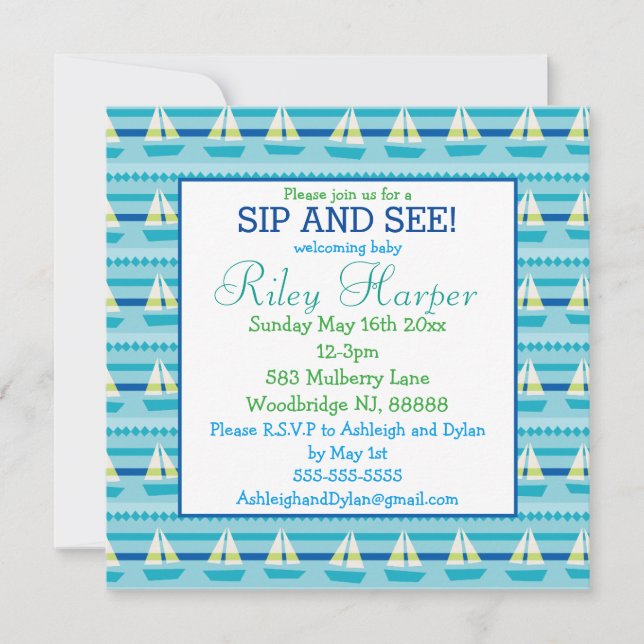 Nautical Sailboat Baby Sip and See Invitation (Front)