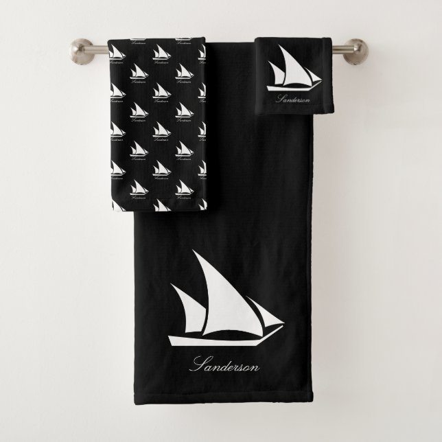 Nautical Sailboat Bathroom black and white  Bath T Bath Towel Set (Insitu)