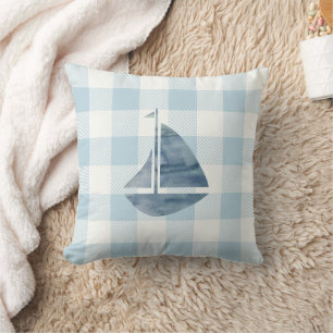 Nautical Sailboat Blue Gingham Check Throw Pillow