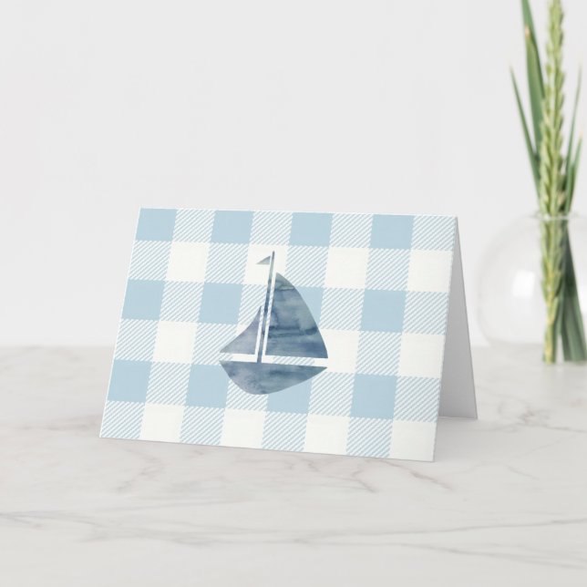 Nautical Sailboat Blue Gingham Pattern Card (Front)