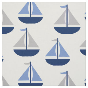 Nautical Sailboat Blue Grey Fabric