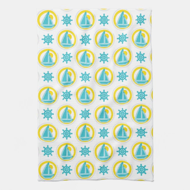 Nautical Sailboat Blue & Yellow Ocean Lake Theme Kitchen Towel (Vertical)