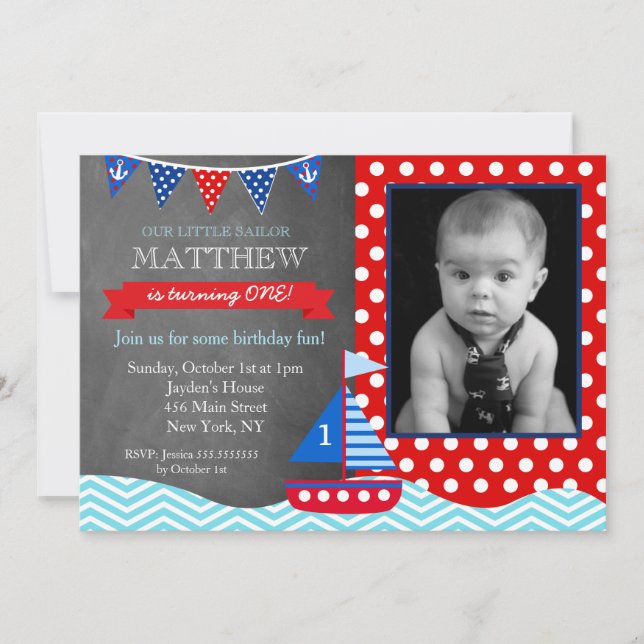 Nautical Sailboat Chalkboard Birthday Invitation (Front)