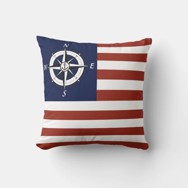 Nautical sailboat compass/American flag stripe   Throw Pillow (Front)