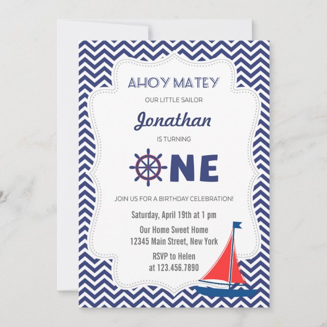Nautical Sailboat First Birthday Invitation (Front)