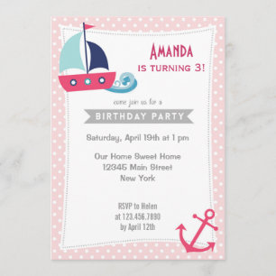 Nautical Sailboat Girl Invitation Anniversaire ros