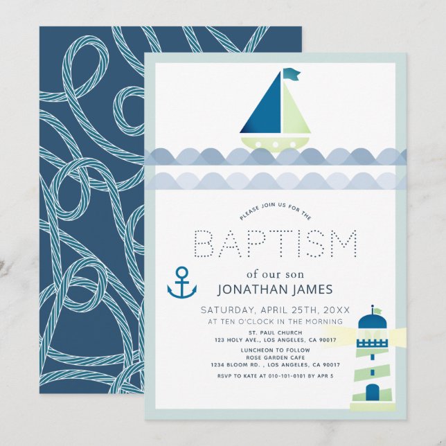 Nautical Sailboat & Lighthouse Blue Boy Baptism Invitation (Front/Back)