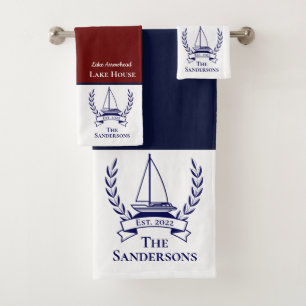 Nautical Sailboat Navy Blue Monogram Lake House Bath Towel Set