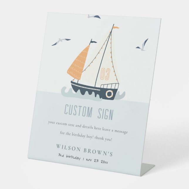 Nautical Sailboat Pastel Kid Birthday Custom Party Pedestal Sign (Front)