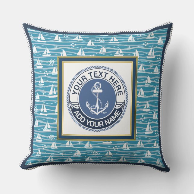 Nautical Sailboat Pattern and Anchor Emblem Throw Pillow (Front)