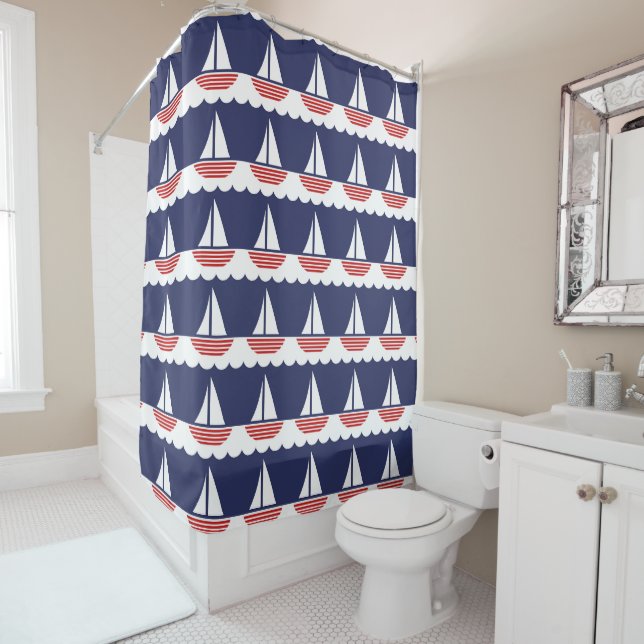 Nautical Sailboat Pattern Navy Blue and Red (In Situ)