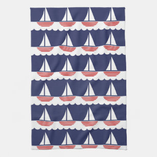 Nautical Sailboat Pattern Navy Blue and Red Kitchen Towel