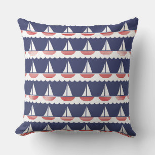 Nautical Sailboat Pattern Navy Blue and Red Outdoor Pillow