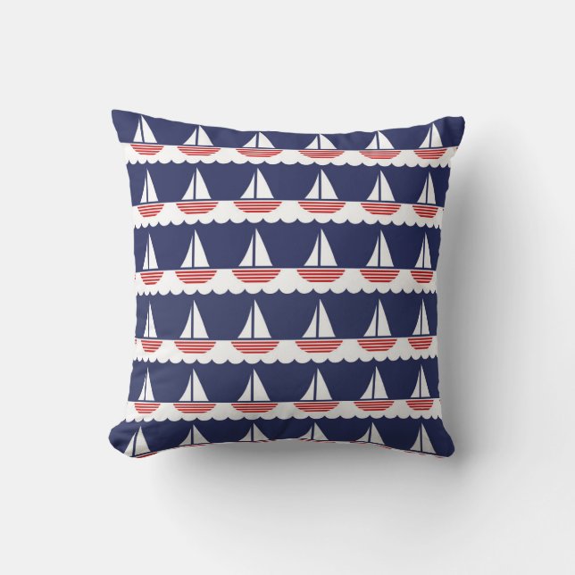Nautical Sailboat Pattern Navy Blue and Red Throw Pillow (Front)