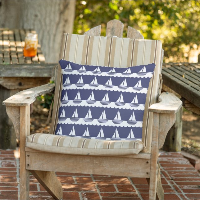 Nautical Sailboat Pattern Navy Blue and White Outdoor Pillow (Chair)