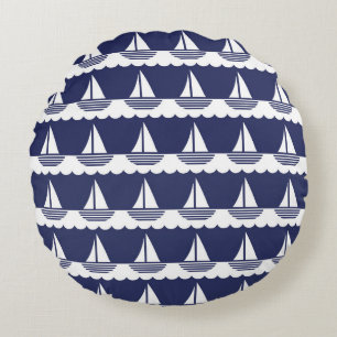 Nautical Sailboat Pattern Navy Blue and White Round Pillow