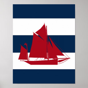 Nautical Sailboat print red, navy and white