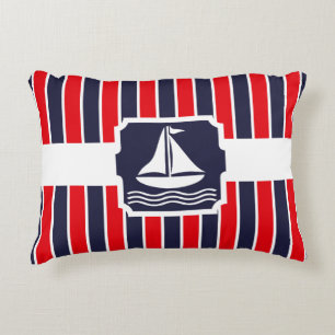 Nautical Sailboat Red Blue Stripes Pattern Decorative Pillow