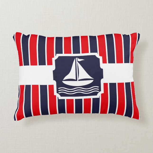 Nautical Sailboat Red | Blue Stripes Pattern Decorative Pillow (Front)