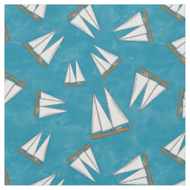 Nautical Sailboat Sailing Adventure Blue Fabric (Close Up)