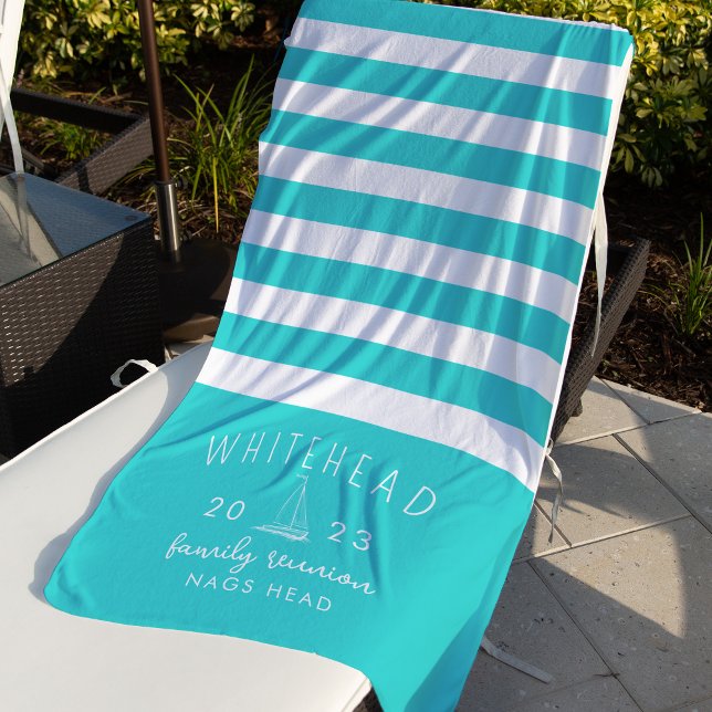 Nautical Sailboat Stripe Aqua Blue Monogram Beach Towel (Creator Uploaded)
