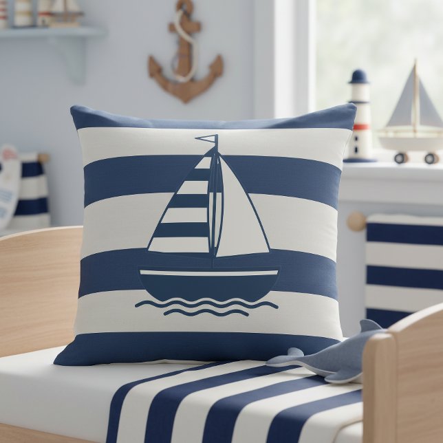 Nautical Sailboat & Stripe Navy White ID1255 Throw Pillow (Creator Uploaded)