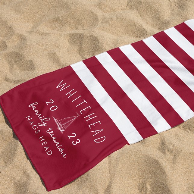 Nautical Sailboat Stripe Red Monogram Beach Towel (Creator Uploaded)