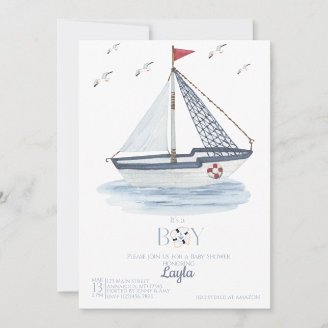 Nautical sailboat watercolor Baby Shower  Invitation (Front)