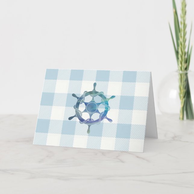Nautical Sailboat Wheel Blue Gingham Pattern Card (Front)