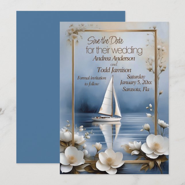Nautical sailboat with flower frame wedding save the date (Front/Back)