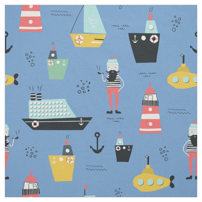 Nautical sailboats lighthouse ships sailorman fabric (Swatch)