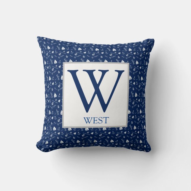 Nautical Sailboats Navy Blue Initial  Throw Pillow (Front)
