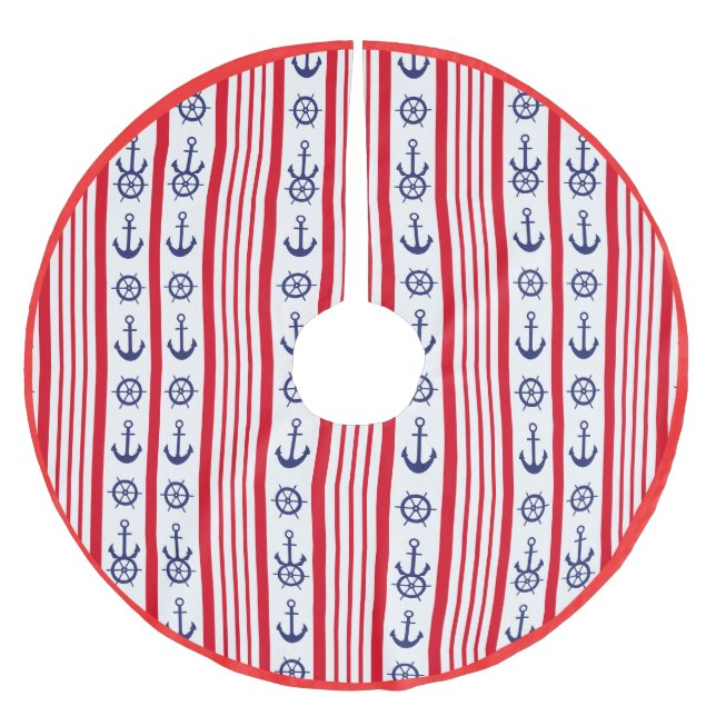 Nautical Sailing Boating Red Blue Anchor Ocean Sea Brushed Polyester Tree Skirt (Front)