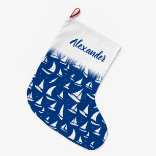 Nautical Sailing Boats and Yachts White on Blue Large Christmas Stocking