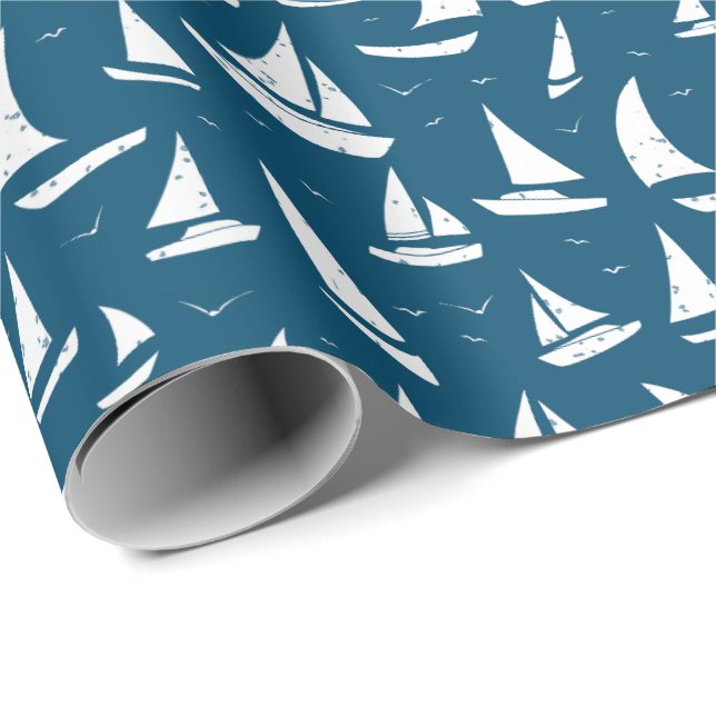 Nautical Sailing Boats Blue White Wrapping Paper (Roll Corner)