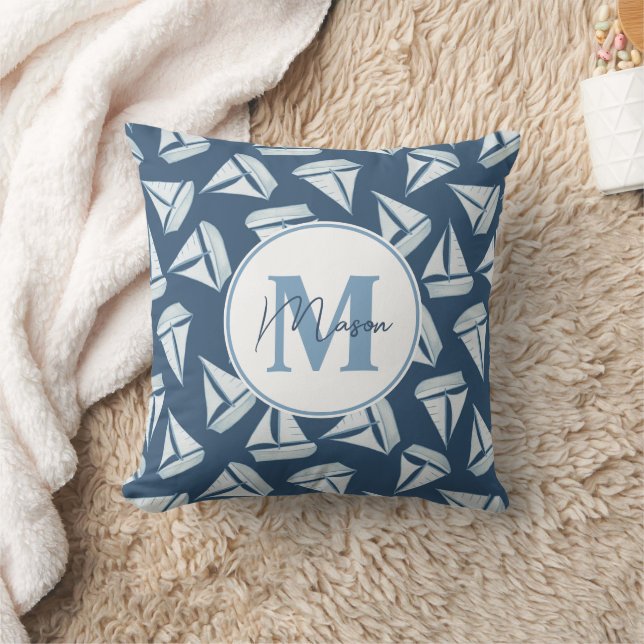 Nautical Sailing Boats | Custom Name & Monogram Throw Pillow (Blanket)