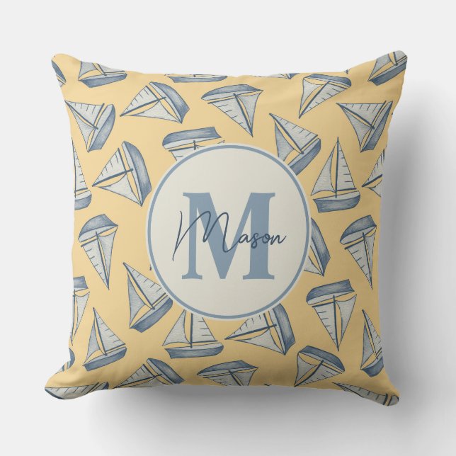 Nautical Sailing Boats | Custom Name & Monogram Throw Pillow (Front)