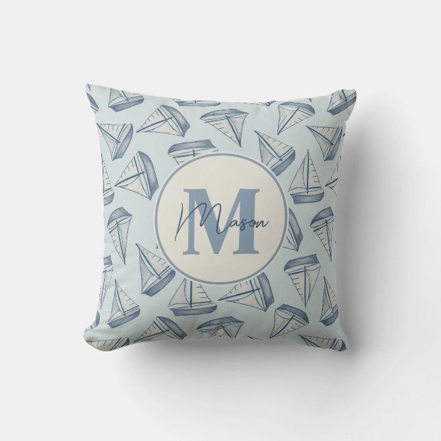 Nautical Sailing Boats | Custom Name & Monogram Throw Pillow (Front)